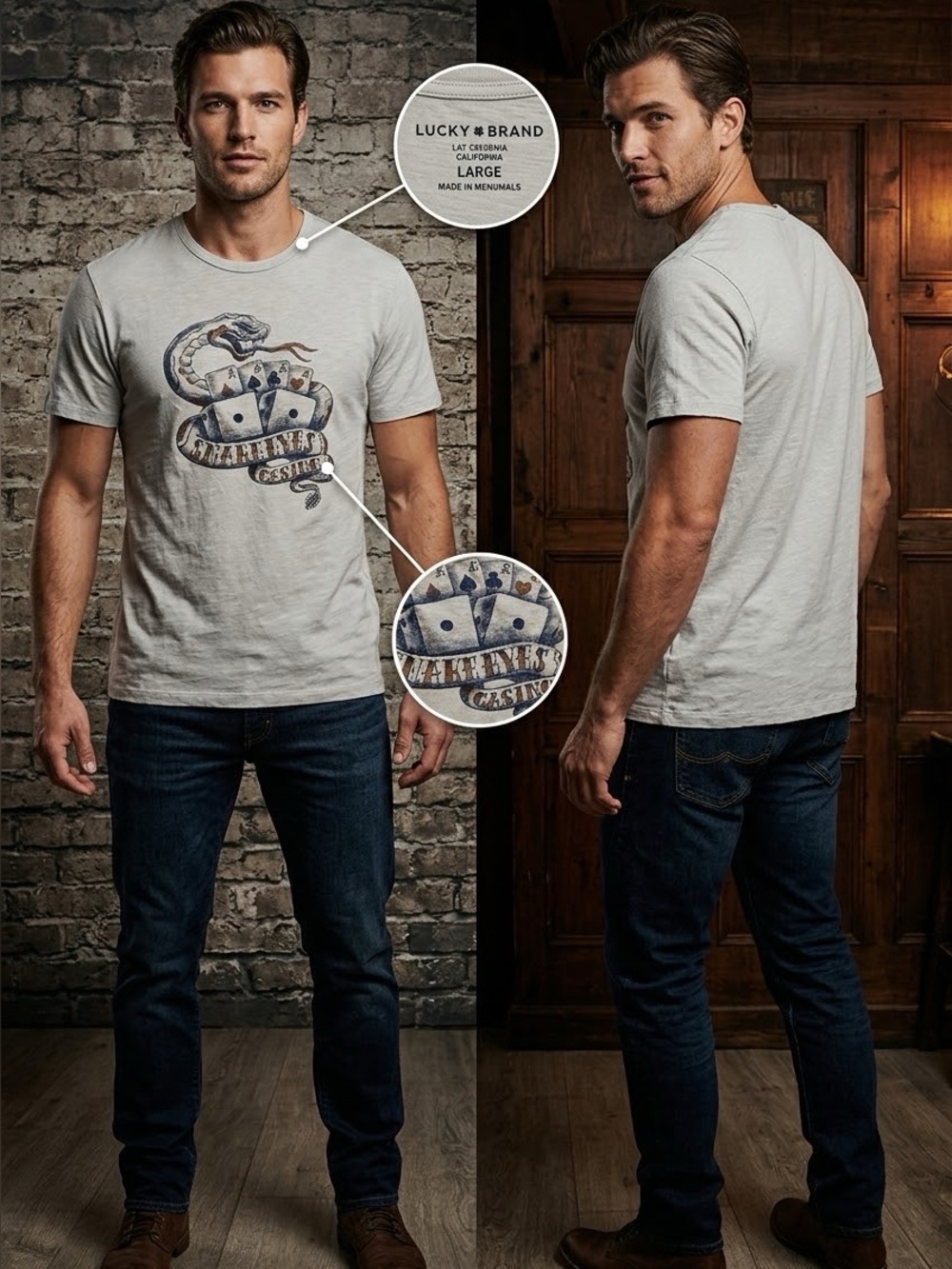 Vintage Lucky Brand Mens Snake Eyes Casino Graphic T-Shirt Grey Soft Cotton